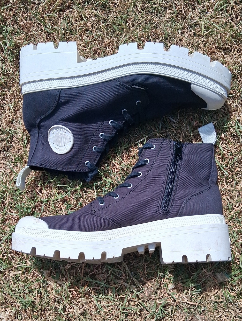 Palladium Navy Blue Canvas Chukka Boots with White Lug Sole